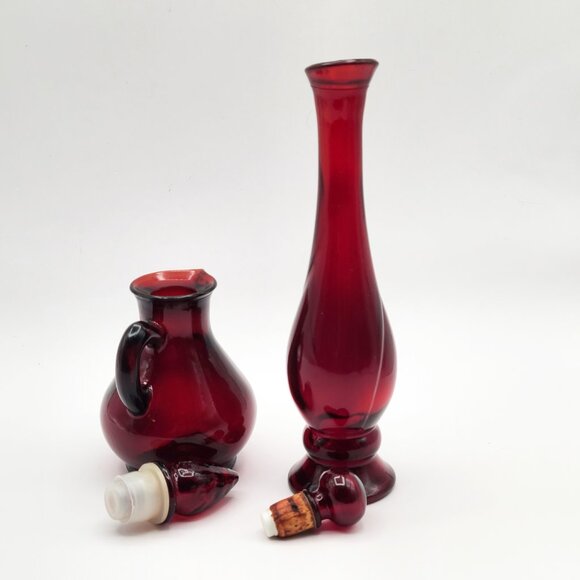 PAIR Vintage Avon Red Glass Bottles with Stoppers 5" Cruet 8" Perfume - Picture 4 of 10